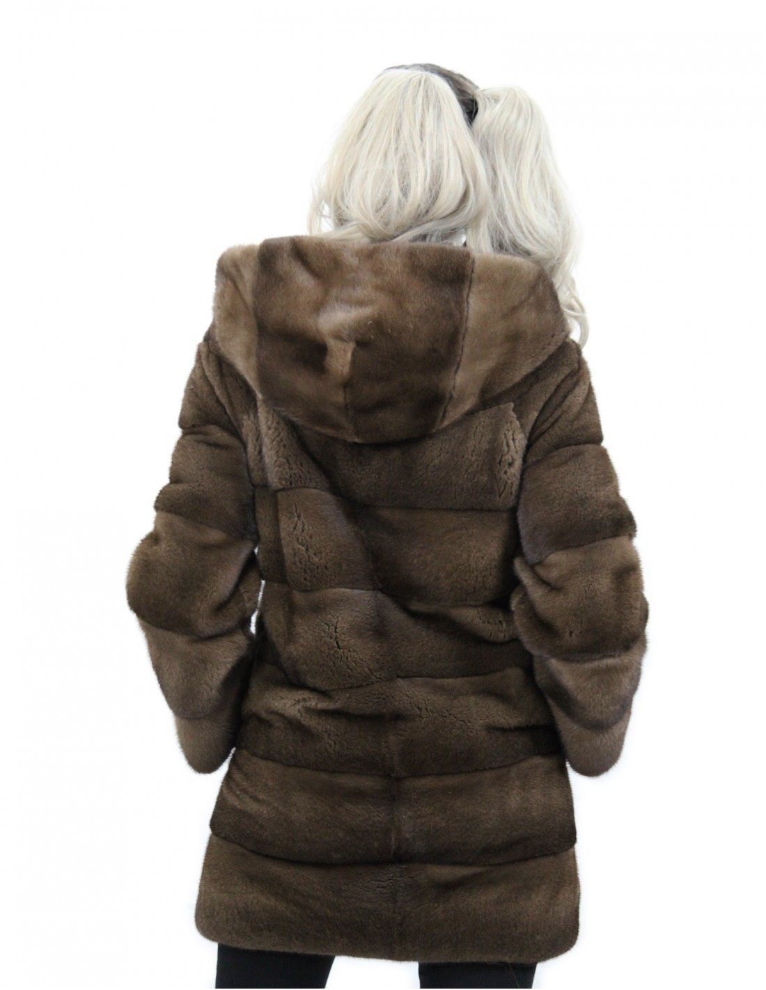 80 cm lange, scanbrown Kapuzenjacke Größe 44 horizontaler Nerzpelzmantel mit Ledergürtel Außentaschen – Bild 6