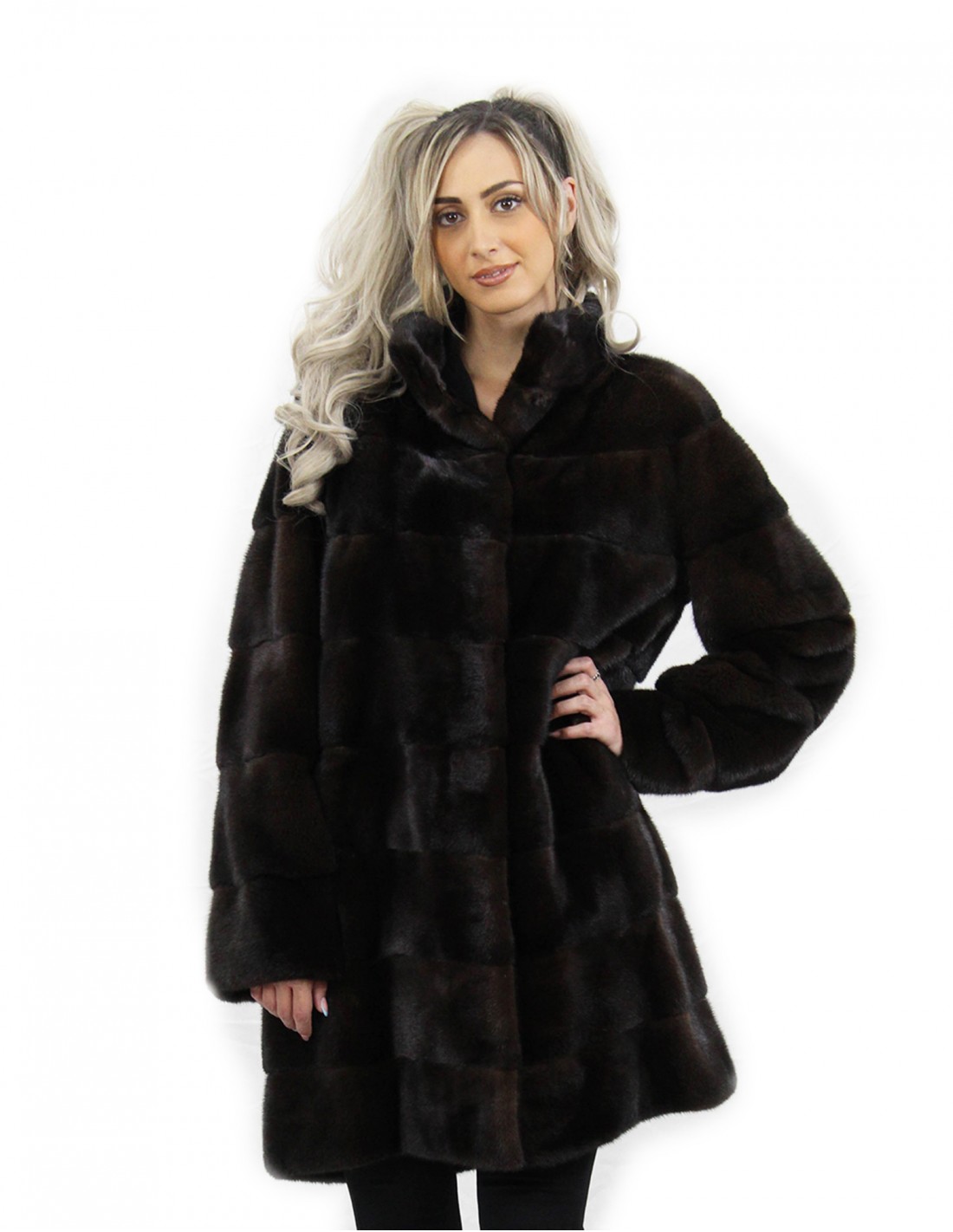 Cappotto con cappuccio mogano lungo 90 cm taglia 44 pelliccia di visone orizzontale tasche esterne