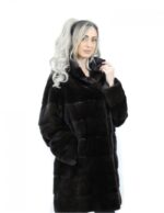 90 cm long mahogany hooded coat, size 44, horizontal mink fur, external pockets - Image 4