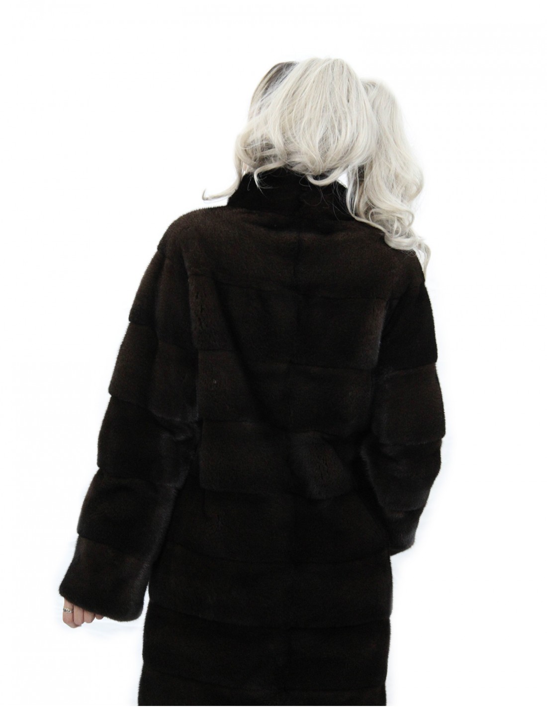 90 cm long mahogany hooded coat, size 44, horizontal mink fur, external pockets - Image 6