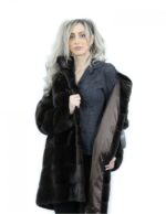 90 cm long mahogany hooded coat, size 44, horizontal mink fur, external pockets - Image 7