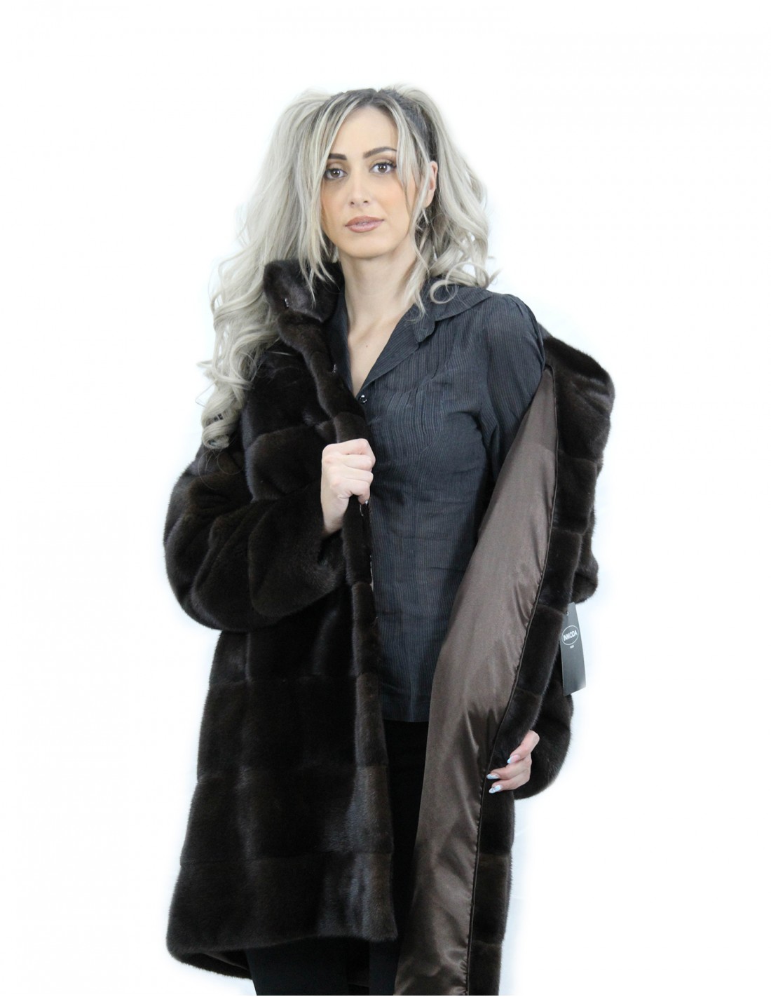 90 cm long mahogany hooded coat, size 44, horizontal mink fur, external pockets - Image 7