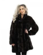 Cappotto con cappuccio mogano lungo 90 cm taglia 54 pelliccia di visone orizzontale tasche esterne
