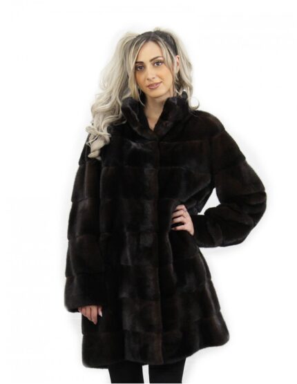 Cappotto con cappuccio mogano lungo 90 cm taglia 54 pelliccia di visone orizzontale tasche esterne