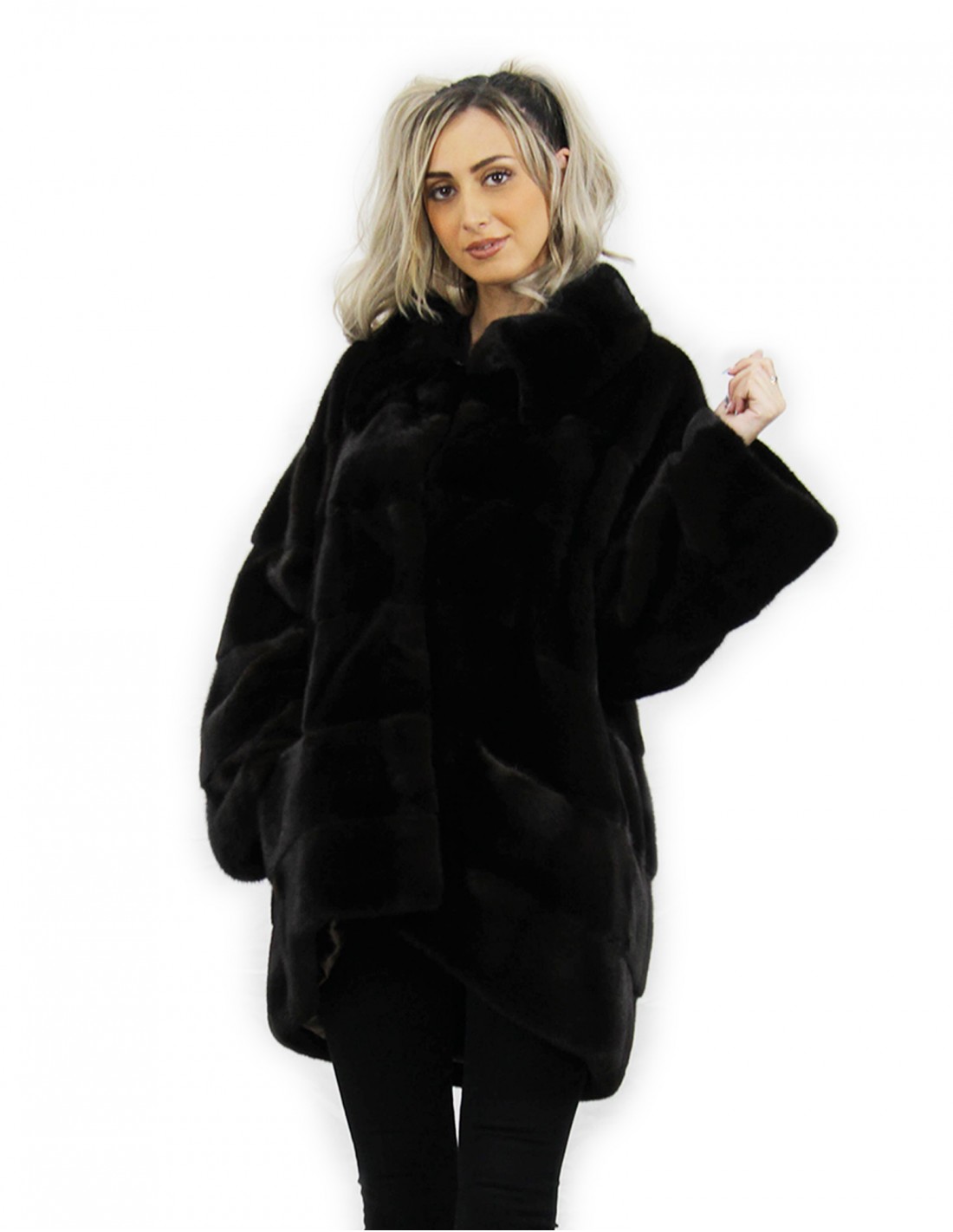 Pelliccia giacca taglia 48 mogano visone orizzontale pelliccia collo italiano sceso e tasche esterne