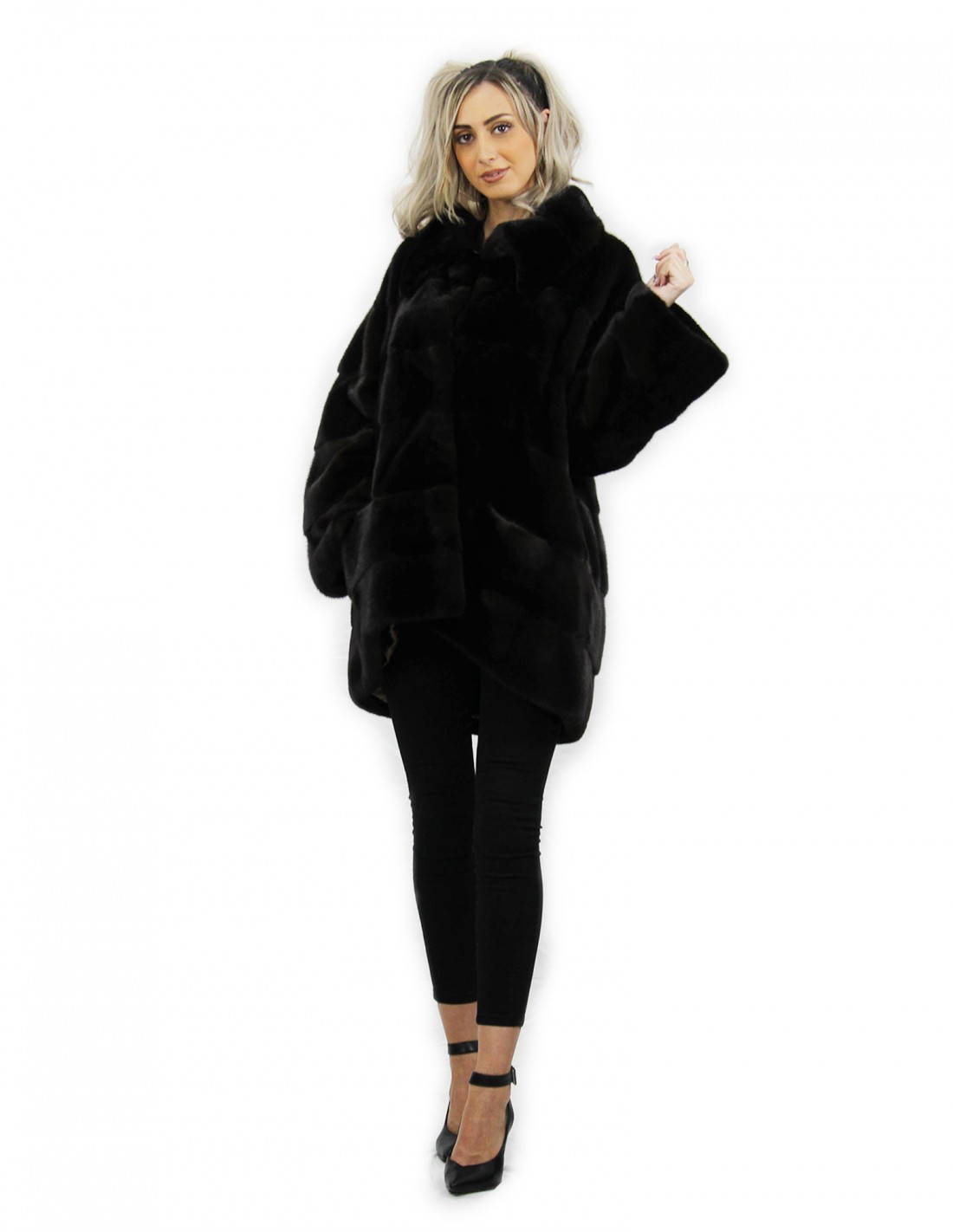 Fur jacket size 48 mahogany horizontal mink fur Italian collar dropped and external pockets - Image 5