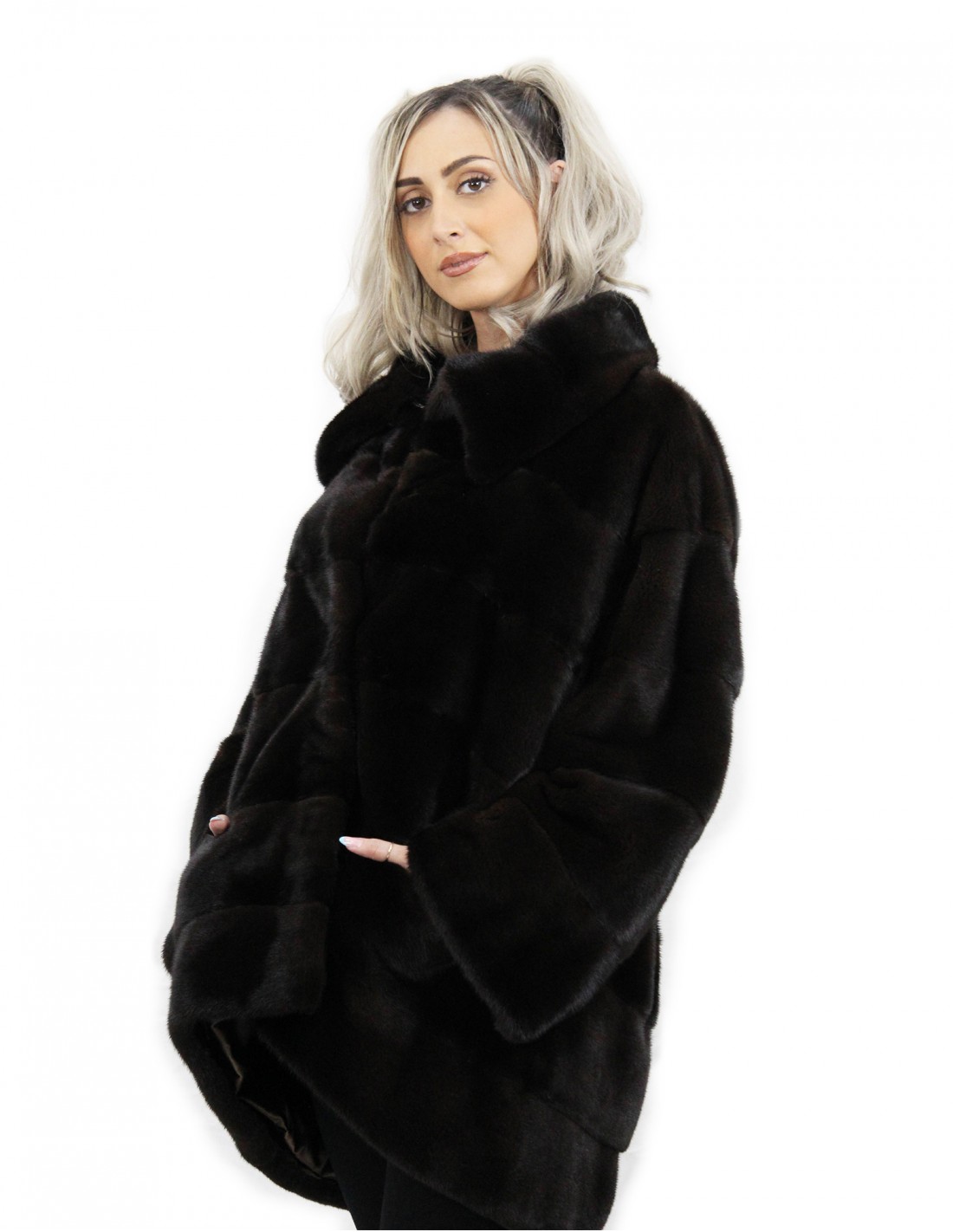 Fur jacket size 48 mahogany horizontal mink fur Italian collar dropped and external pockets - Image 3