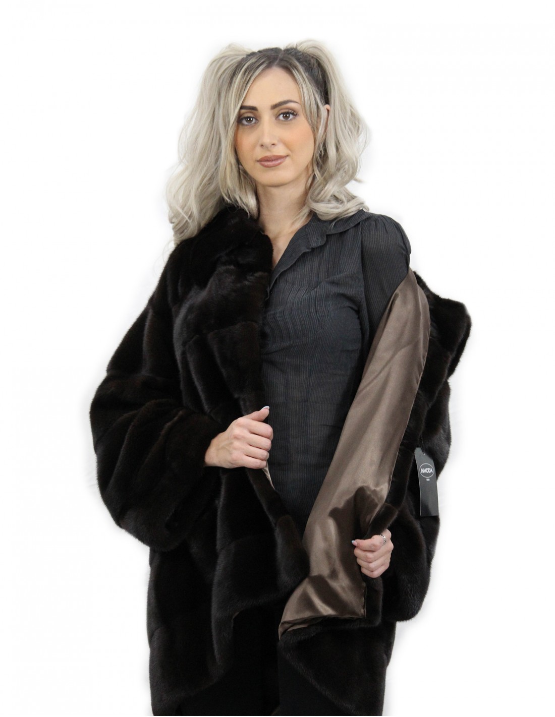Fur jacket size 48 mahogany horizontal mink fur Italian collar dropped and external pockets - Image 7