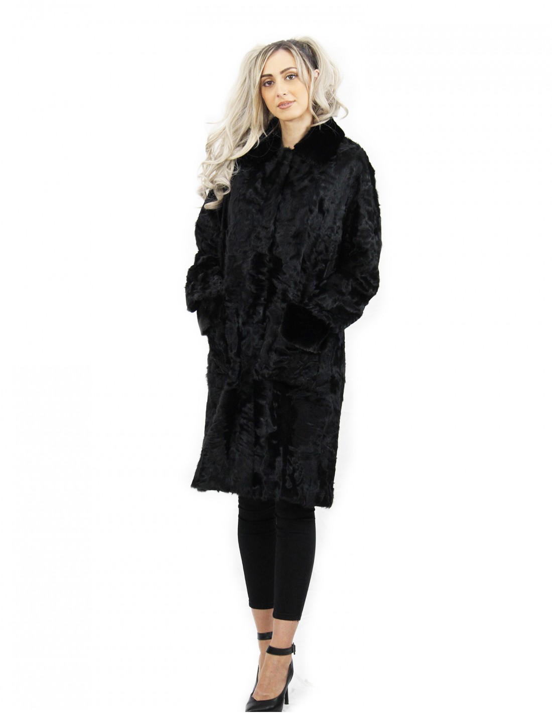 Black cape jacket in Persian fur size 48 with mink fur collar and mug pockets - Image 5
