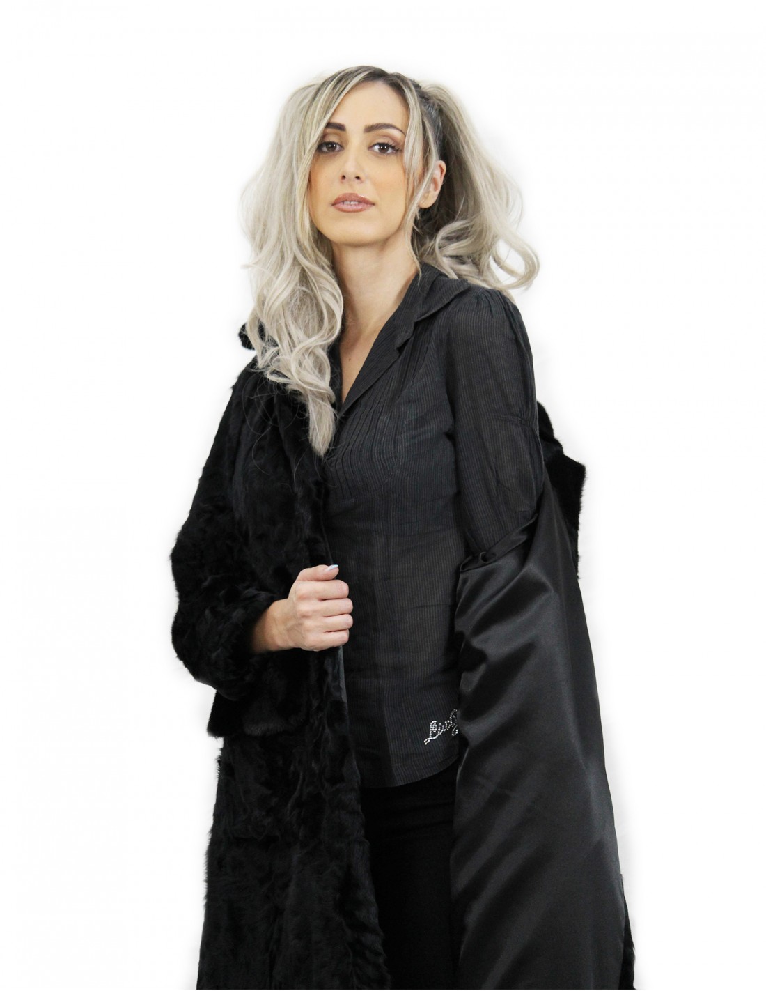 Black cape jacket in Persian fur size 48 with mink fur collar and mug pockets - Image 7