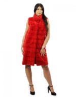 3 Gilet pelliccia 44 di visone orizzontale rosso lungo 102 centimetri con tasche laterali collo pistagna