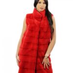 Gilet pelliccia 44 di visone orizzontale rosso lungo 102 centimetri con tasche laterali collo pistagna