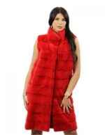 Gilet pelliccia 44 di visone orizzontale rosso lungo 102 centimetri con tasche laterali collo pistagna