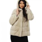 Giacca con cappuccio perla lungo 70 cm taglia 42 pelliccia di visone orizzontale tasche esterne