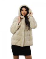 Giacca con cappuccio perla lungo 70 cm taglia 42 pelliccia di visone orizzontale tasche esterne