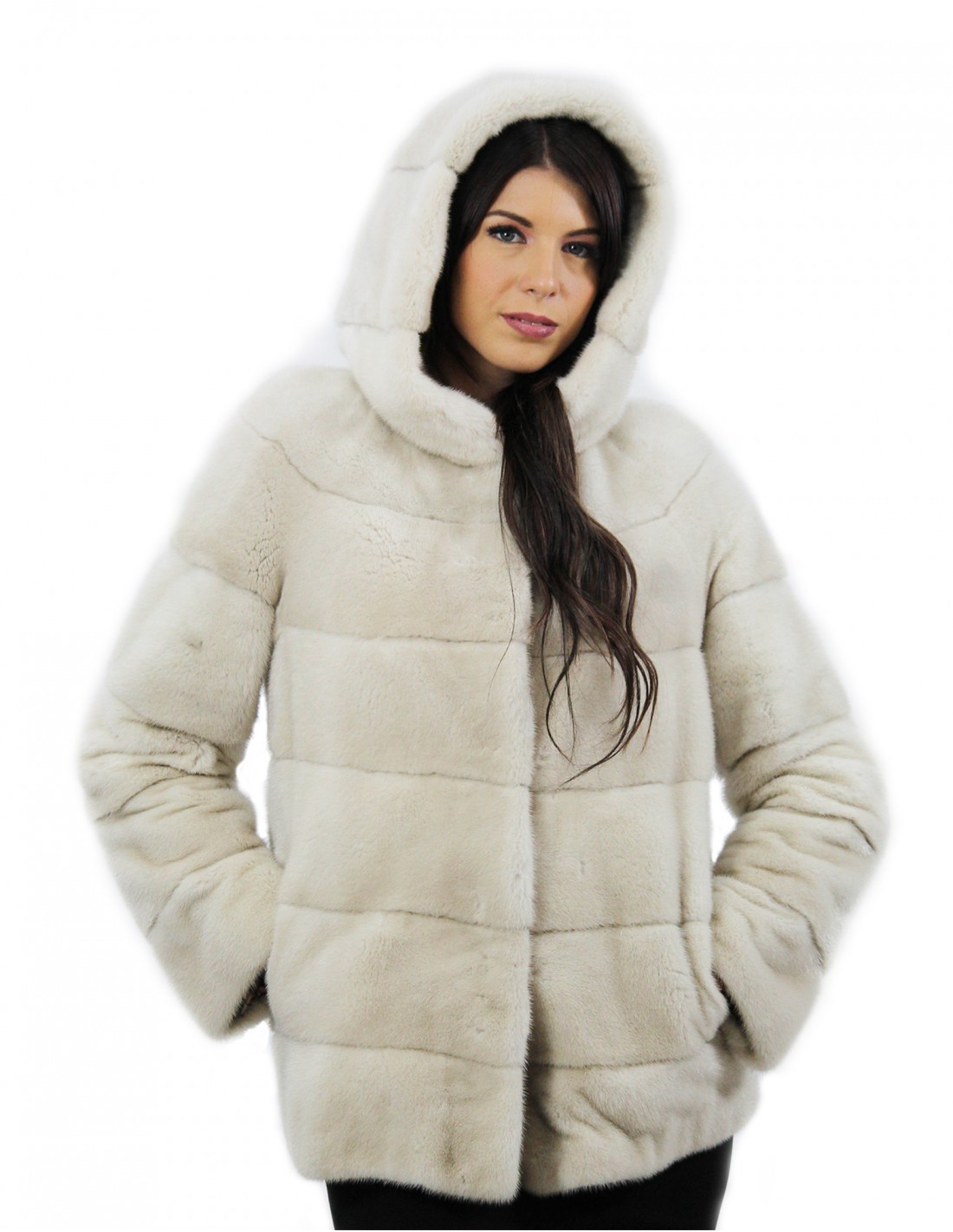 Pearl hooded jacket 70 cm long size 42 horizontal mink fur external pockets - Image 4