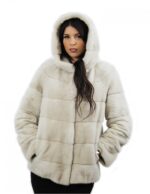 Pearl hooded jacket 70 cm long size 42 horizontal mink fur external pockets - Image 3