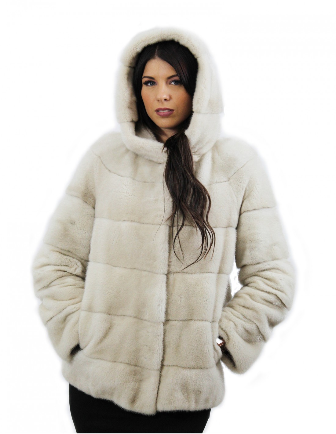 Pearl hooded jacket 70 cm long size 42 horizontal mink fur external pockets - Image 3
