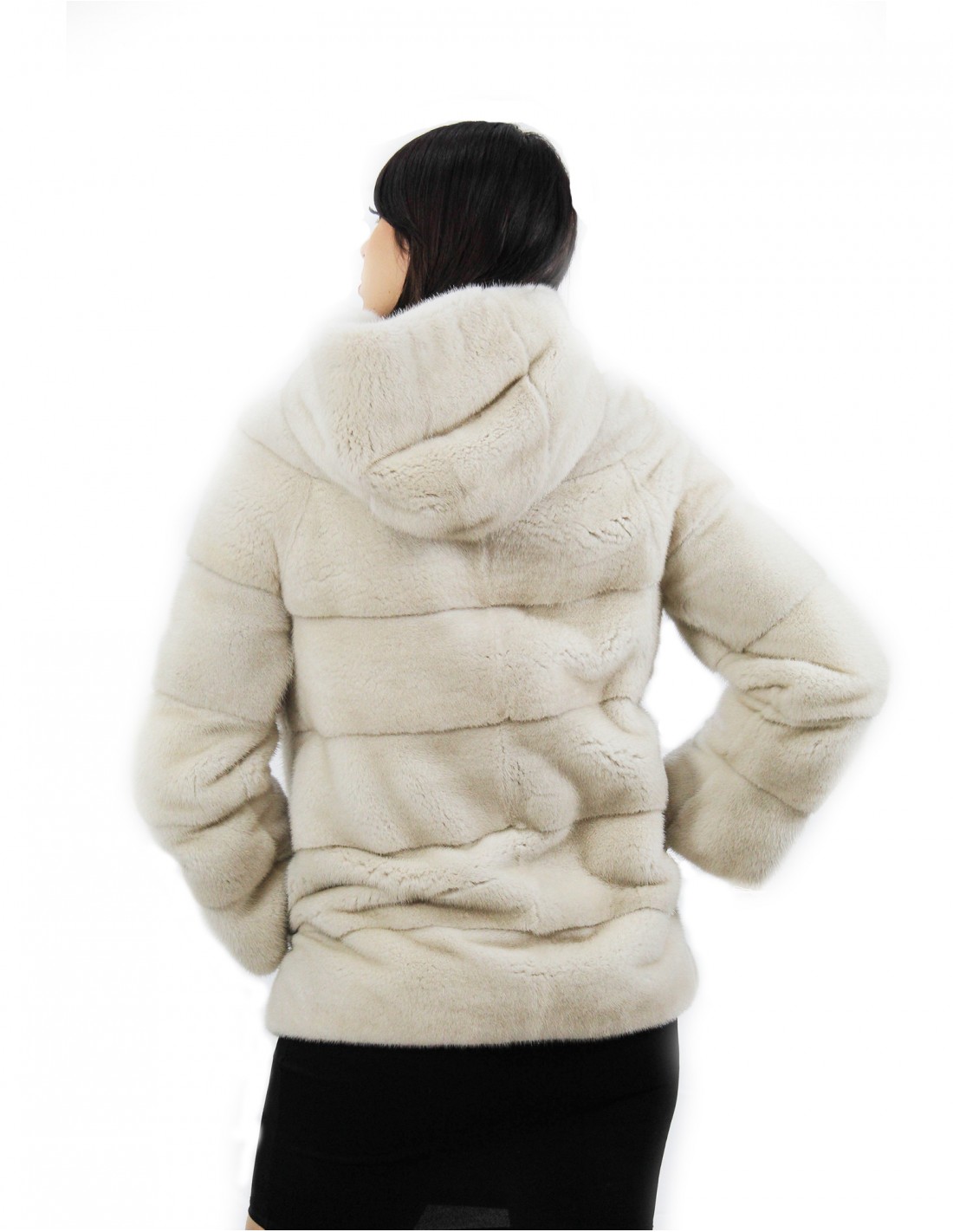Pearl hooded jacket 70 cm long size 42 horizontal mink fur external pockets - Image 6