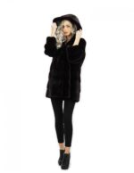 80 cm long burgundy hooded jacket size 48 horizontal mink fur with leather belt external pockets - Image 5