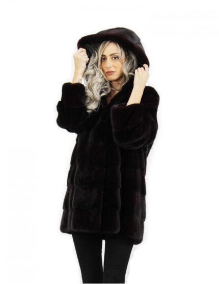 Giacca con cappuccio bordeaux lungo 80 cm taglia 48 pelliccia di visone orizzontale con cintura in pelle tasche esterne