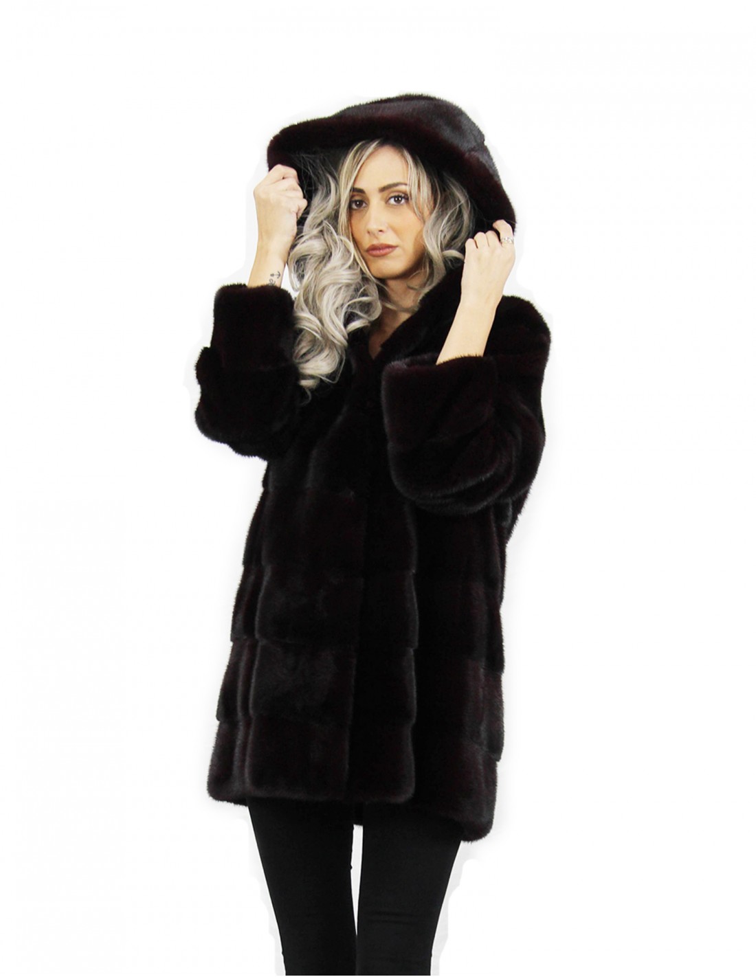 Giacca con cappuccio bordeaux lungo 80 cm taglia 48 pelliccia di visone orizzontale con cintura in pelle tasche esterne