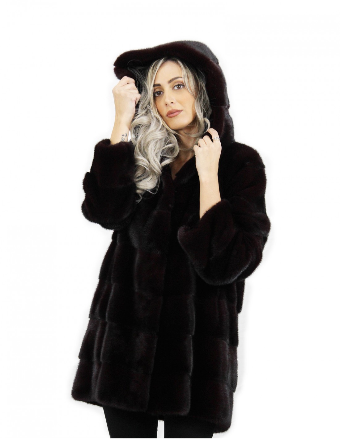 80 cm long burgundy hooded jacket size 48 horizontal mink fur with leather belt external pockets - Image 6