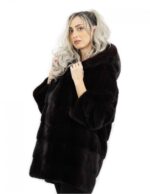 80 cm long burgundy hooded jacket size 48 horizontal mink fur with leather belt external pockets - Image 3