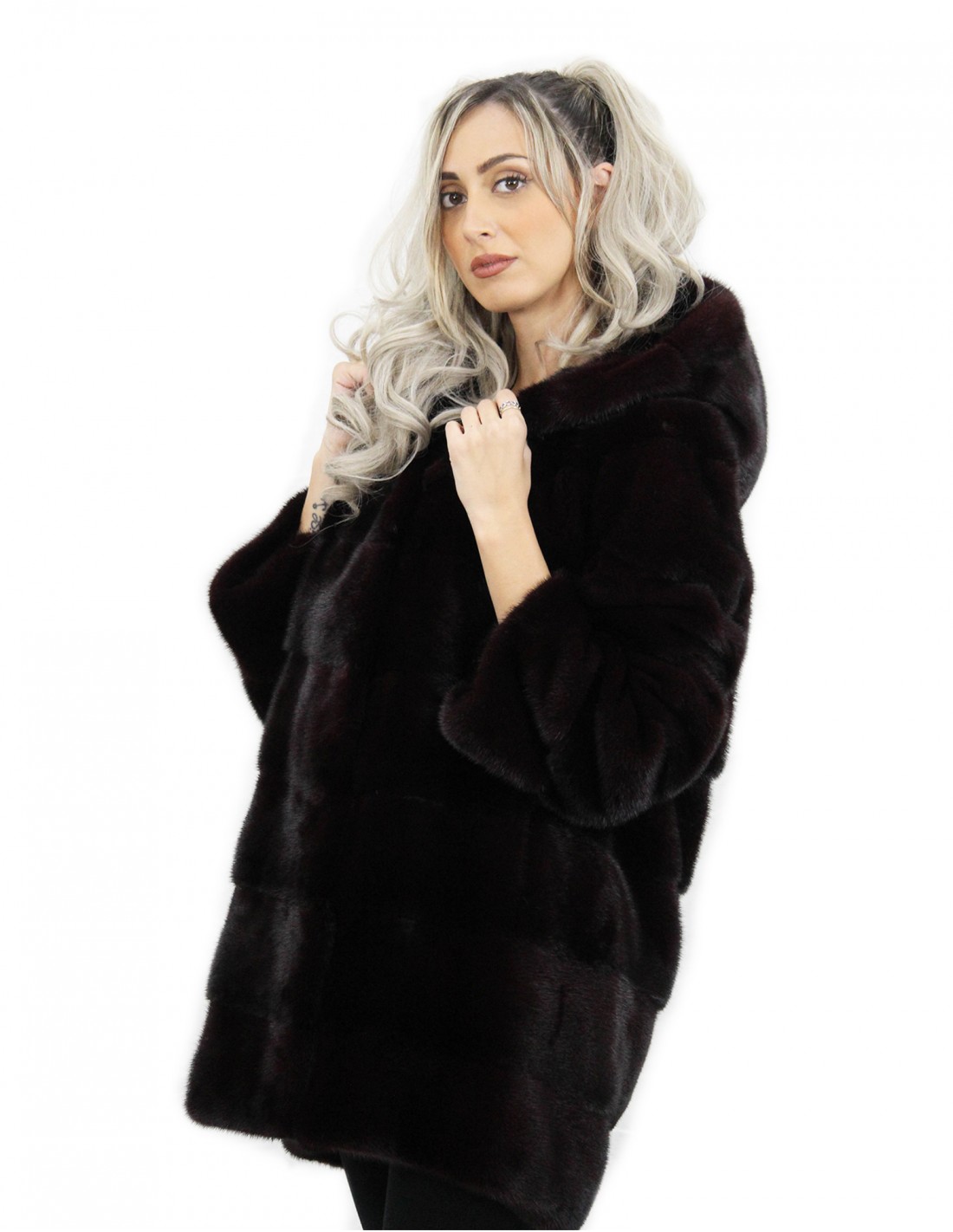 80 cm long burgundy hooded jacket size 48 horizontal mink fur with leather belt external pockets - Image 3