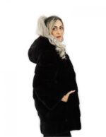 80 cm long burgundy hooded jacket size 48 horizontal mink fur with leather belt external pockets - Image 4