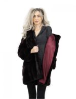 80 cm long burgundy hooded jacket size 48 horizontal mink fur with leather belt external pockets - Image 7