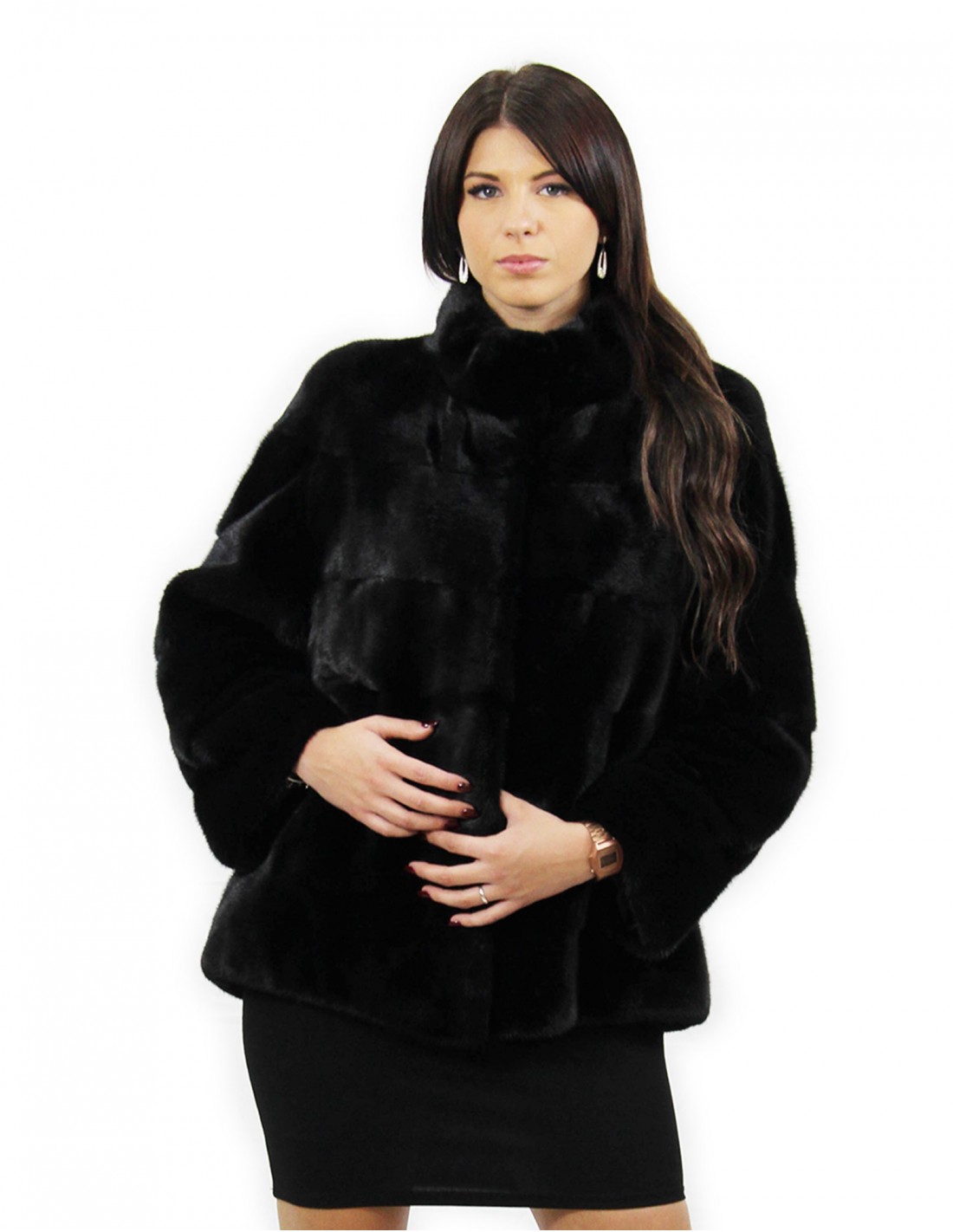 Pelliccia 48 giacca in colore black manica lunga visone orizzontale collo pistagna tasche esterne