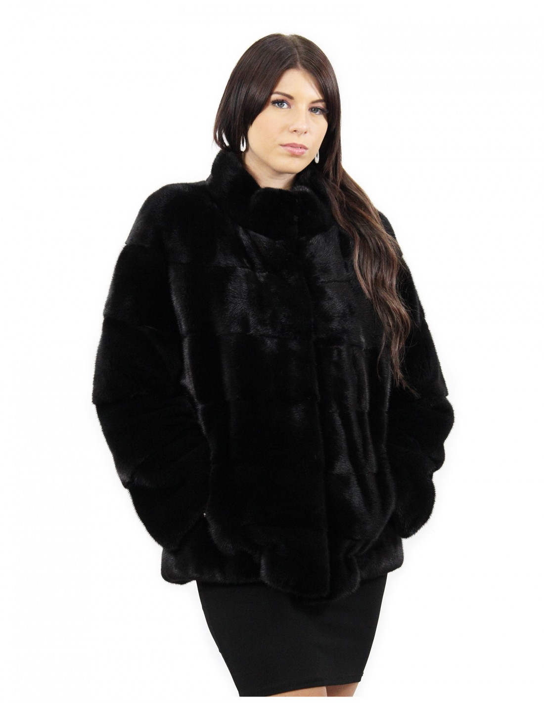 Fur 48 jacket in black color long sleeve horizontal mink pistachio collar external pockets - Image 4