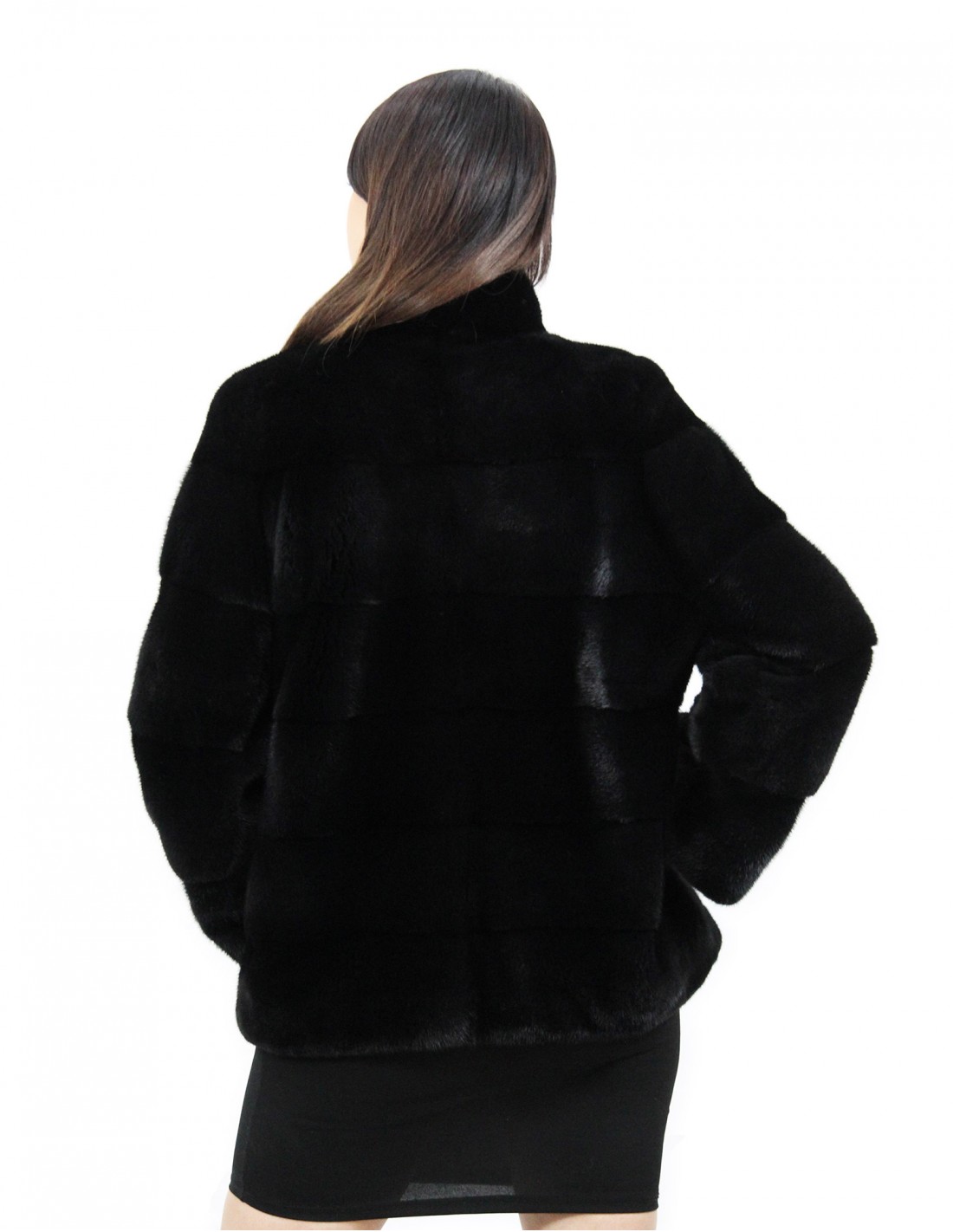 Fur 48 jacket in black color long sleeve horizontal mink pistachio collar external pockets - Image 6
