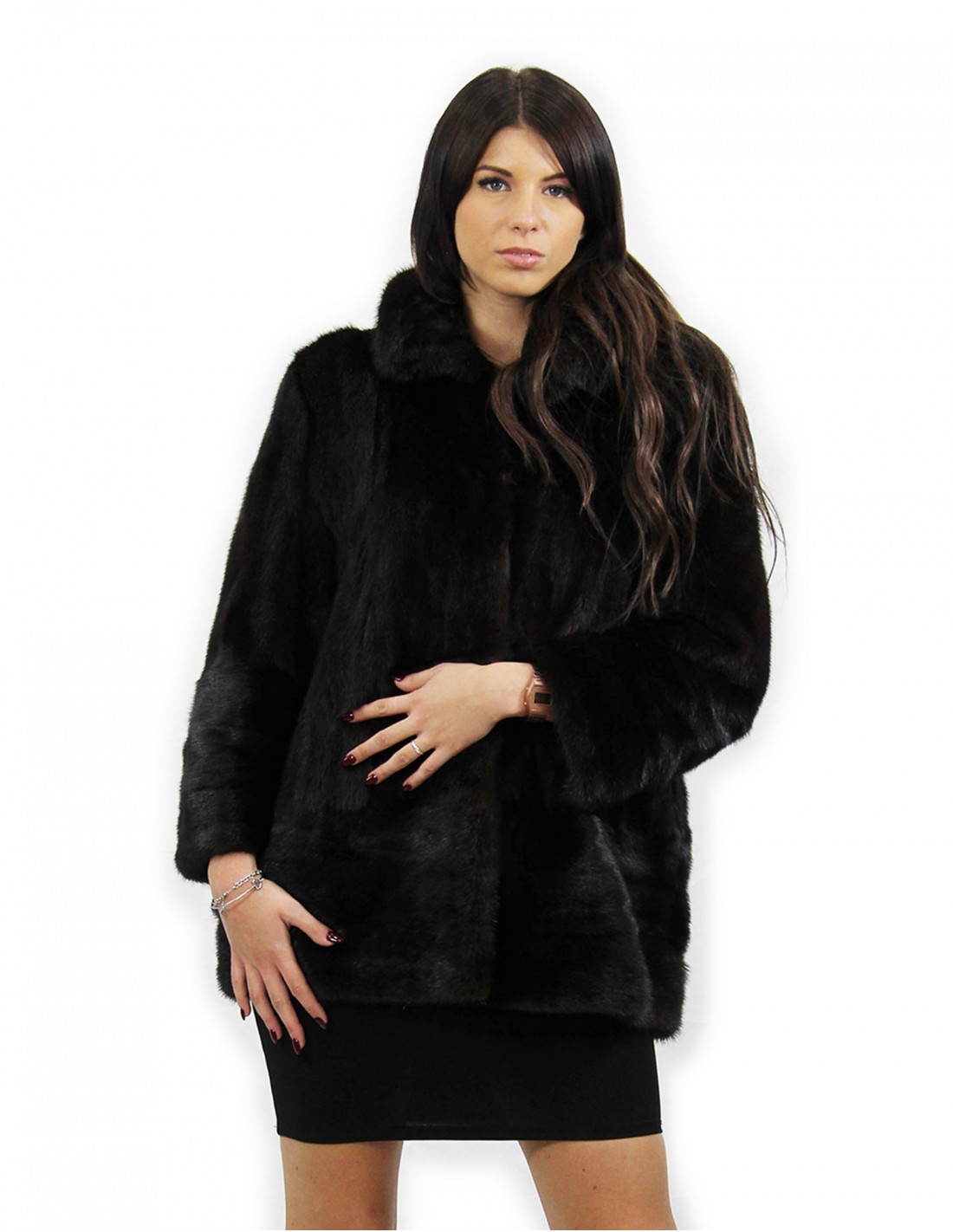 Cappottino in pelliccia di visone mogano taglia 48 orizzontale e pelle intera collo pistagna 48 trasporto