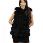 Gilet smanicato nero taglia 44 gilet di pelliccia di volpe con cappuccio e tasche esterne coulisse in vita