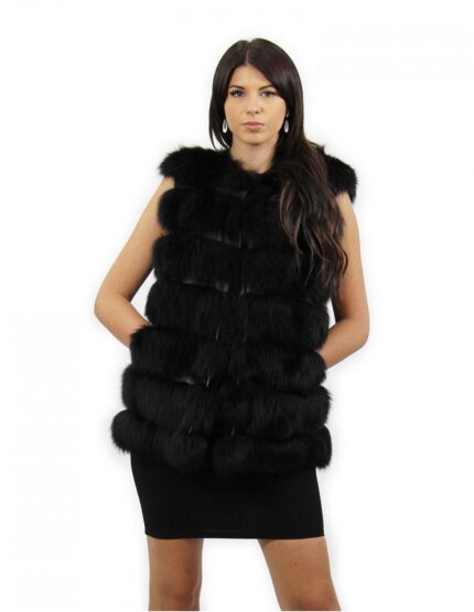 Gilet smanicato nero taglia 44 gilet di pelliccia di volpe con cappuccio e tasche esterne coulisse in vita