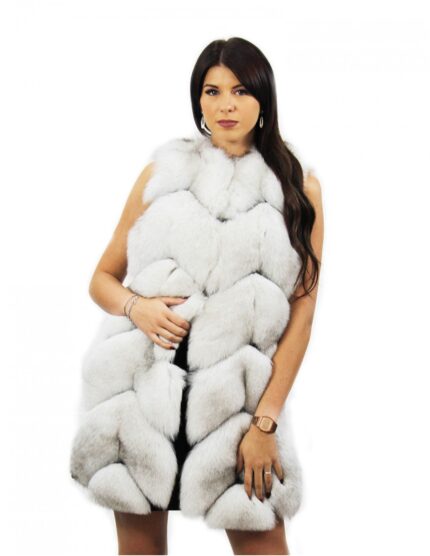 Gilet di pelliccia di volpe 50 bianco e nero con pelli intere lavorate a spiga con pelle scamosciata