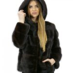 Giacca corta mogano pelliccia visone taglia 44 cappuccio manica lunga tasche esterne