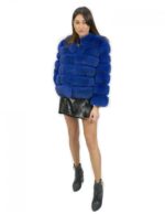 Blue 44 fox fur jacket with short sleeves hook closure with black leather carryover pockets - Image 5