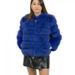 Giacca pelliccia volpe blu 44 con maniche corta chiusura ganci con tasche riporti pelle nera
