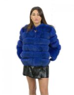 Giacca pelliccia volpe blu 44 con maniche corta chiusura ganci con tasche riporti pelle nera