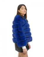Blue 44 fox fur jacket with short sleeves hook closure with black leather carryover pockets - Image 3