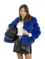 Blue 44 fox fur jacket with short sleeves hook closure with black leather carryover pockets - Image 7