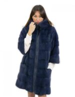 Coat 92 cm long size 44 mink fur blue hood - Image 3