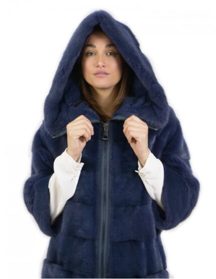 Cappotto lungo ben 92 centimetri taglia 44 blu pelliccia visone con cappuccio
