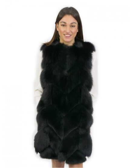 Gilet di pelliccia di volpe nero taglia 48 con pelle scamosciata e chiusura ganci