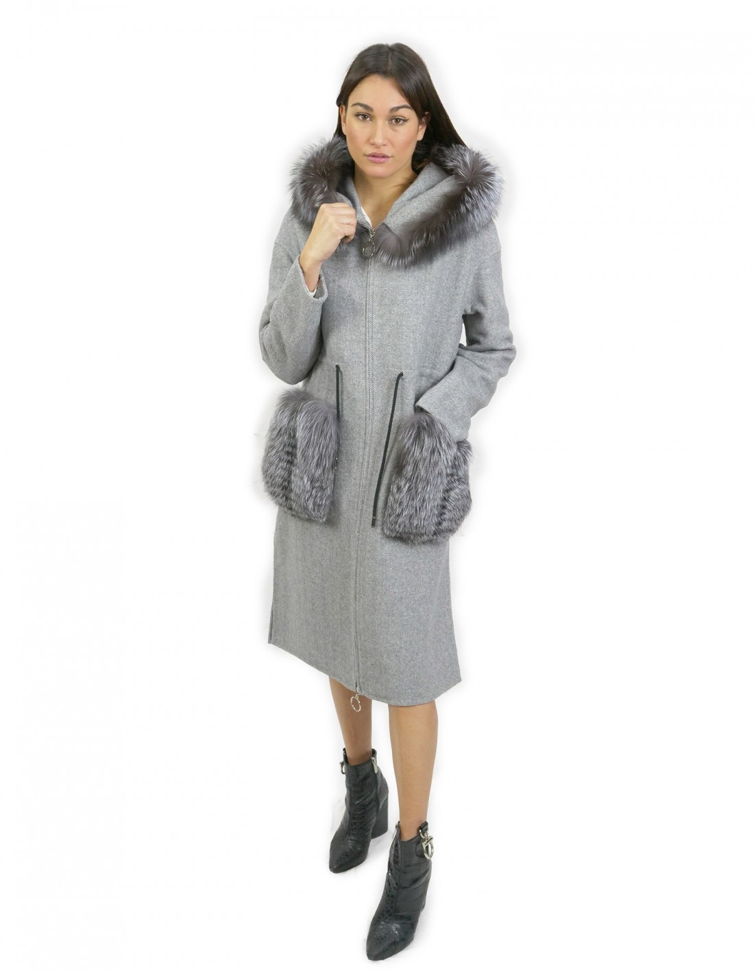 Gray wool cashmere jacket size 46 with fox bordered hood and zip closure - Image 6