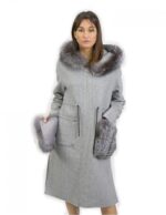Gray wool cashmere jacket size 46 with fox bordered hood and zip closure - Image 5