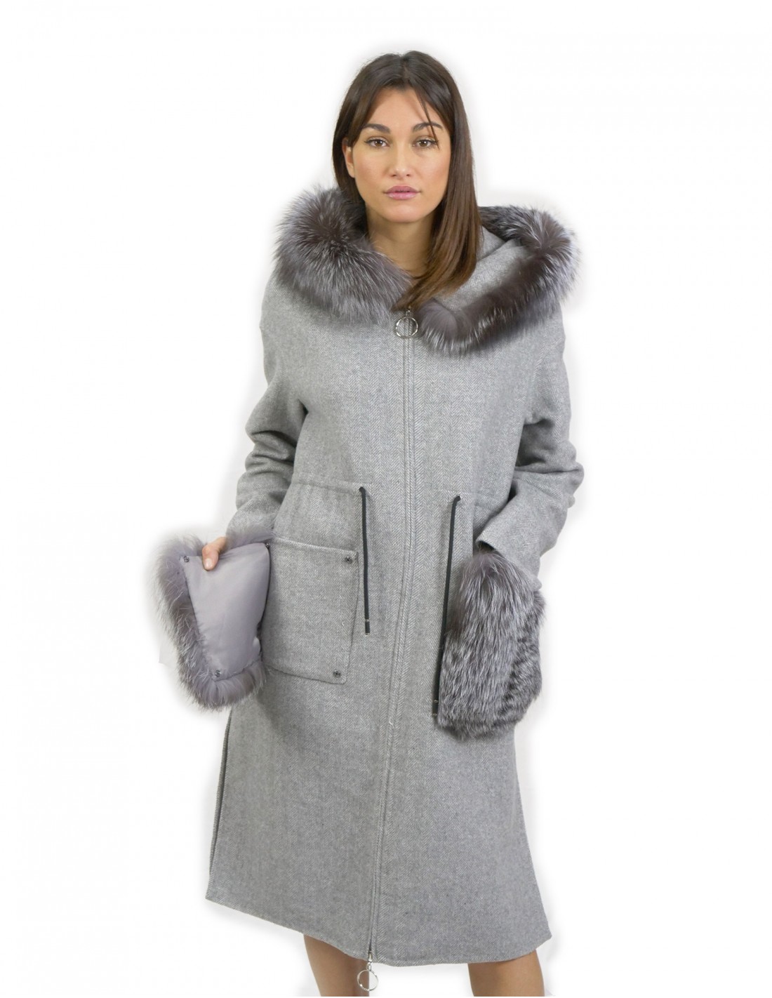 Gray wool cashmere jacket size 46 with fox bordered hood and zip closure - Image 5